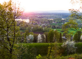Utsikt över ett blommande Valleområde i solnedgång.