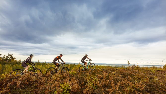 Tre mountainbikecyklister cyklar på en höjd med utsikt över vidderna. I bakgrunden uppenbarar sig mörka dramatiska moln. 