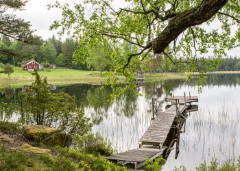 En bild på en brygga som ligger i en liten sjö. I förgrunden syns en trädgren, och i bakgrunden ett rött hus intill vattnet.