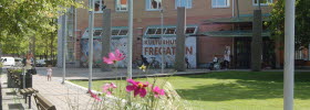 Photo from the outside of Kulturhuset Fregatten with part of the park and flowers.