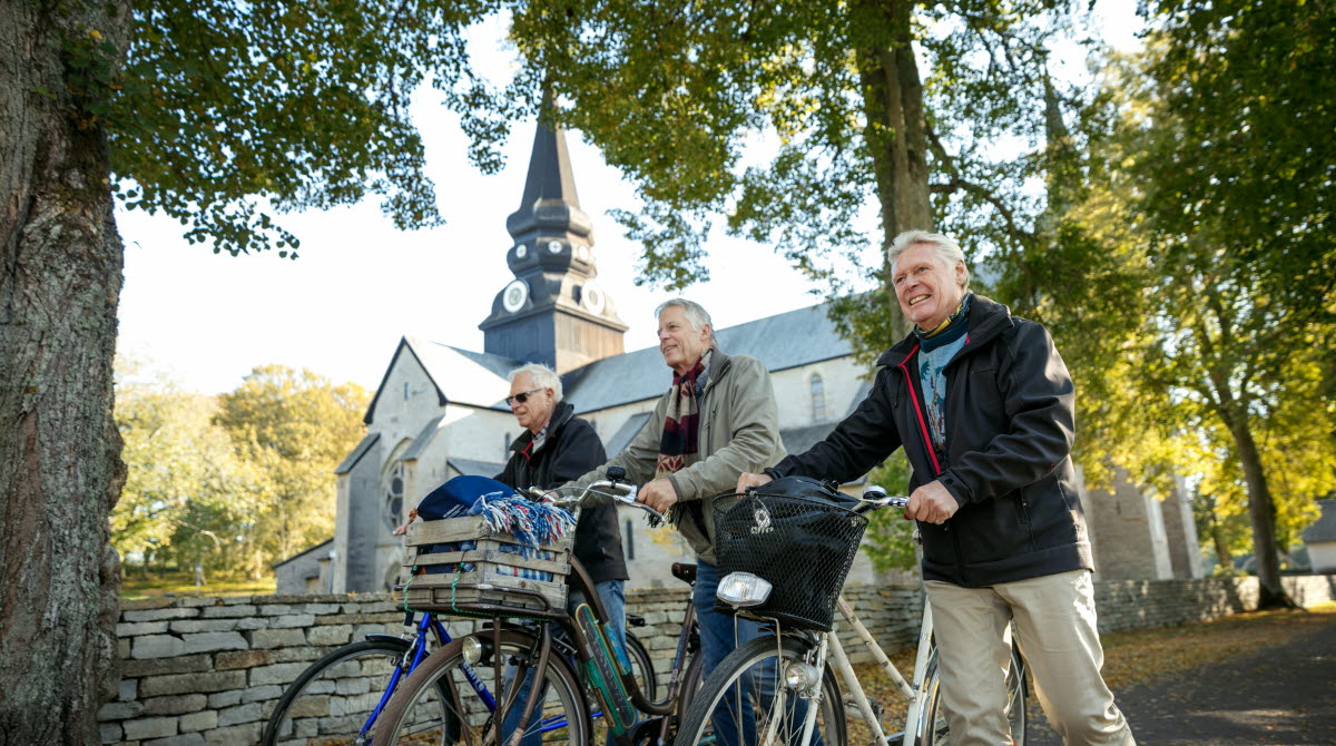 Tre män kommer gåendes och leder sina cyklar längs en stenmur. I bakgrunden ser man Varnhems klosterkyrka. 