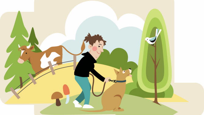 illustration av en människa och en kopplad hund.