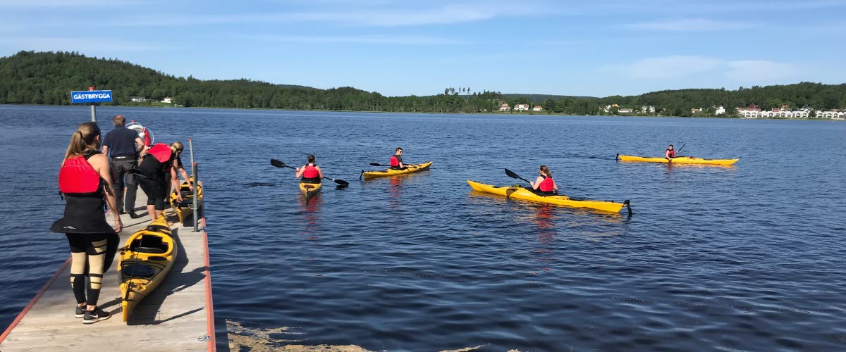 Männsikor i och runt Gula kanoter på en blå sjö i Ulricehamn