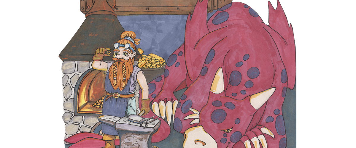 En illustrerad bild av en smed i en smedja där även en röd drake ligger och vilar