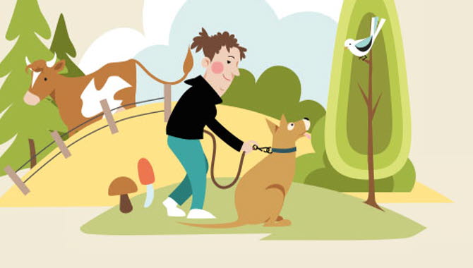 Illustrerad bild på en människa med hund som är i naturen.