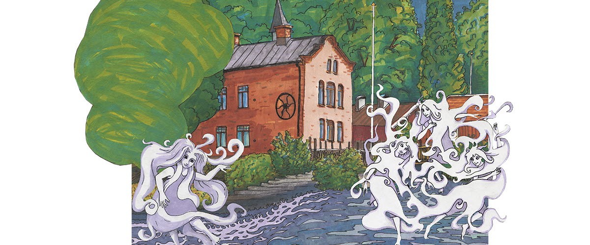 En illustrerad bild av Tidan och ett magasin i tegel med dansande vattenväsen i ån.