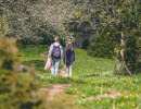 A woman and a child walk along a path in a forest with flowers on the ground.
