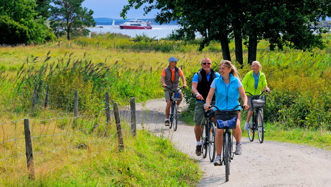 Fyra personer cyklar längst en grusväg på Sydkoster. Vägen kantas av gröna, frodiga ängar. I bakgrunden syns en av Kosterfärjorna som passerar.