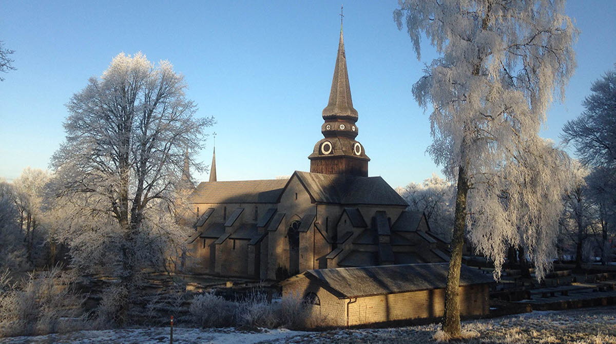 Varnhems klosterkyrka i frostig vinterskrud.