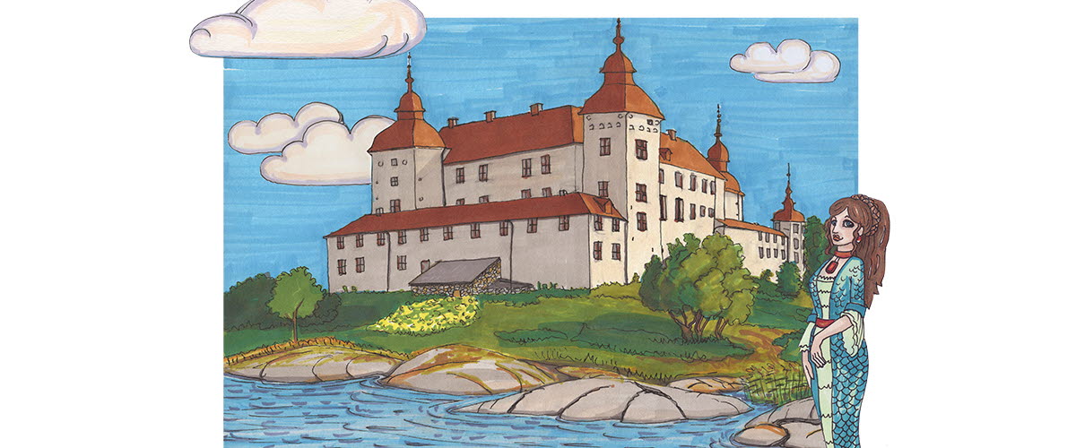 En illustrerad bild av Läckö Slott med en sjöjungfru i förgrunden.