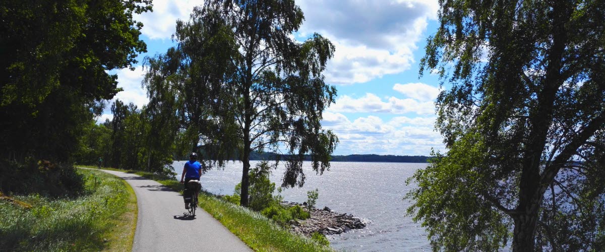 En asfalterad cykelväg strax intill en sjö
