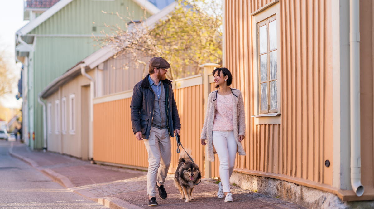 Ett par på vårpromenad med sin hund längs med Långgatan mitt i den gamla trästaden i Hjo. 