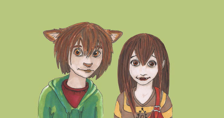 Tecknade figurerna Kira och Luppe från KLUB-böckerna med en ljusgrön bakgrund.