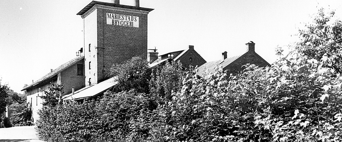Svartvit historisk bild på Mariestads bryggeri, ett torn med skorstenar och buskage i förgrunden. 