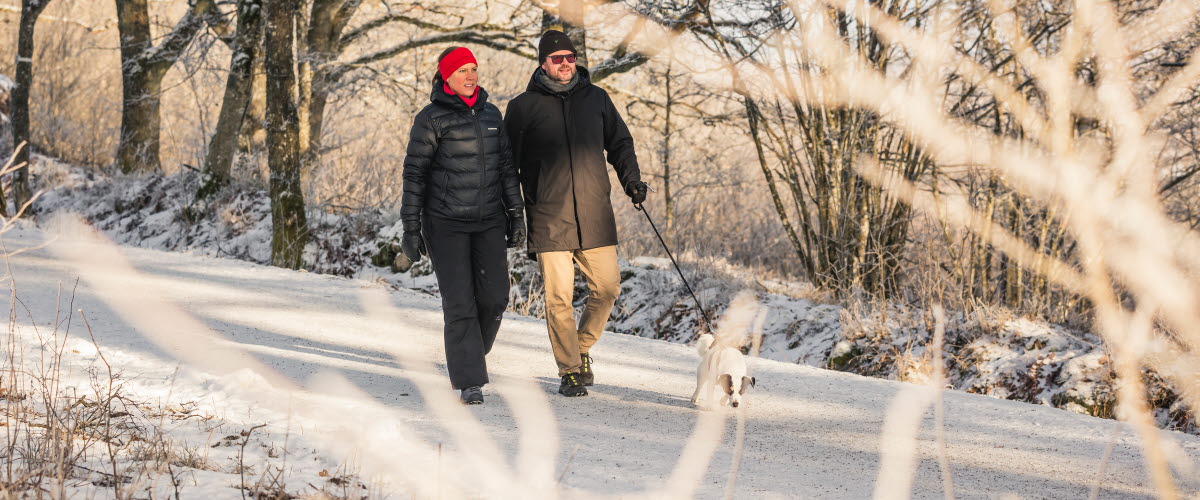 Man and woman walking with a small white dog. It is a snow-covered landscape.