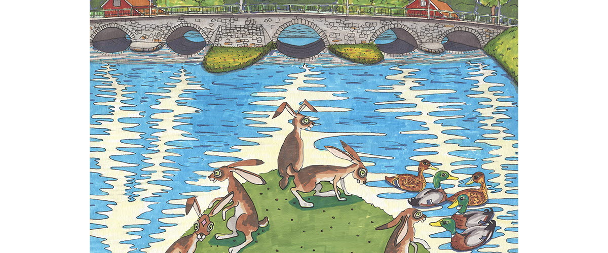 En målad bild på harar som befinner sig på en ö i en å, med änder i vattnet och en bro i bakgrunden.