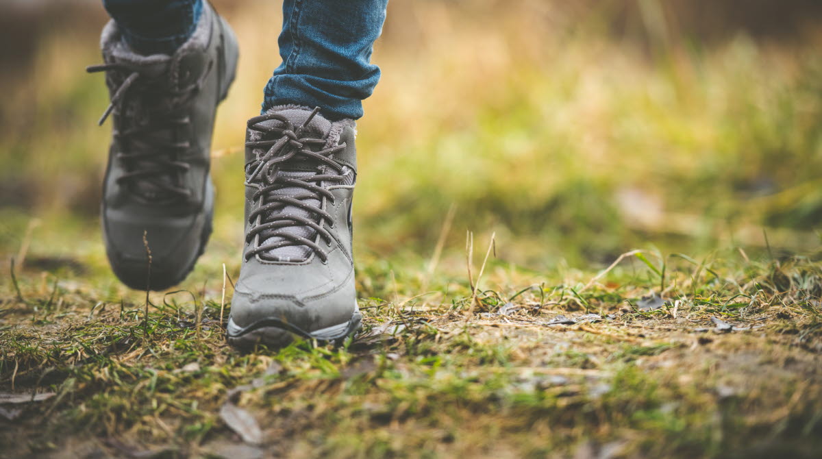 En bild på ett par fötter med vandringskängor som vandrar över skogsmark.