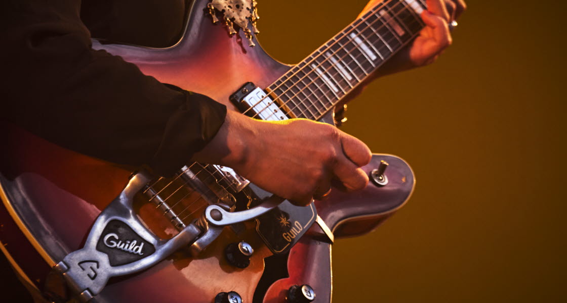 Musikant spelar instrument.