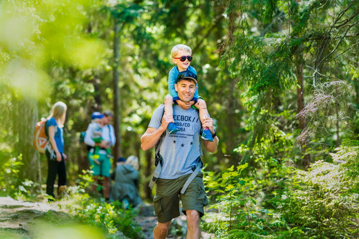 En pappa med sin son på sina axlar i lummig grön skog. I bakgrunden skymtas resten av vandringssällskapet.