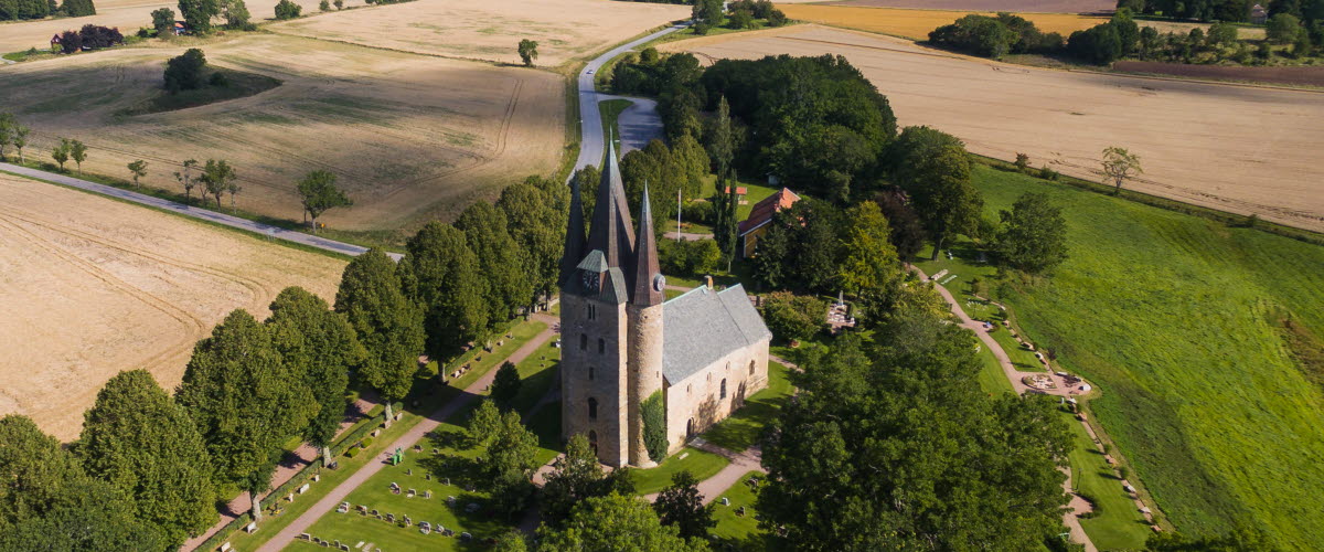 Aerial view on a stone church.
