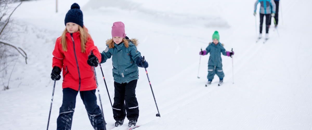 Familj med barn som åker längdskidor i skidspåret på Billingen. 