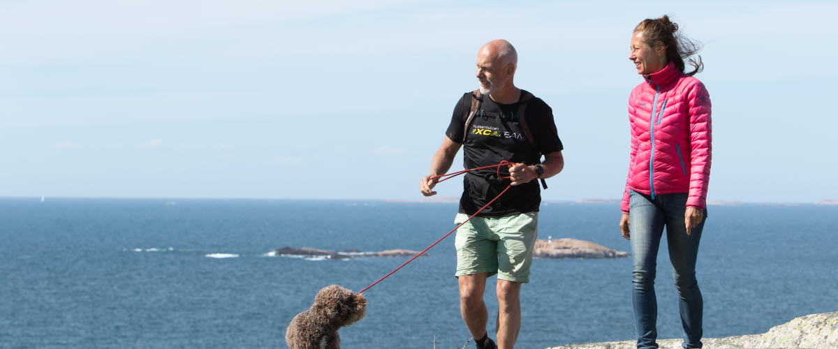 Två personer med hund vandrar vid Ramsvikslandet