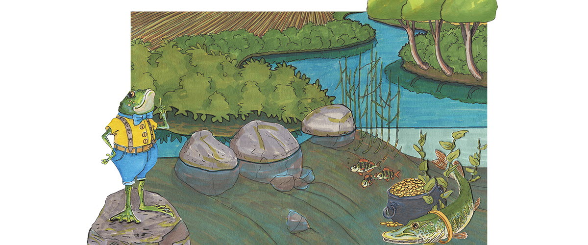 En målad bild av en groda som står på en sten och kollar ut över ett landskap med gröna ängar och vatten samt en guldkista. 