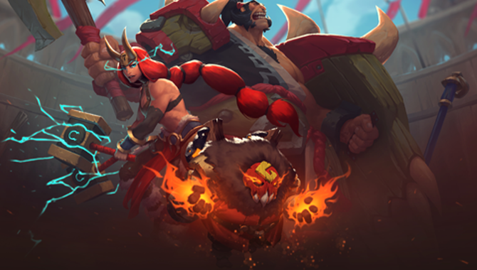 Tre animerade krigare i en gladiatorarena från spelet Battlerite