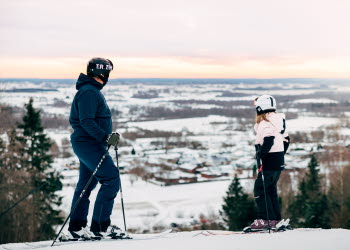 Familj i vintrigt landskap.