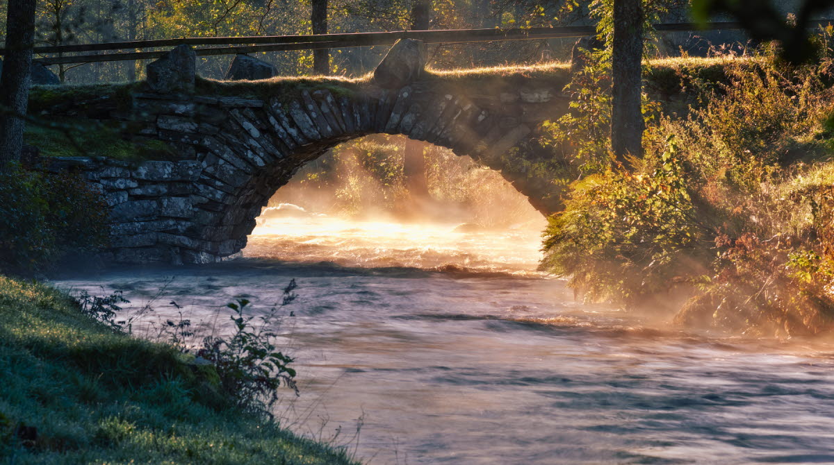 En bild på en gammal stenbro och en å. Det ligger en lätt dimma över vattenytan och solljuset är gyllene.
