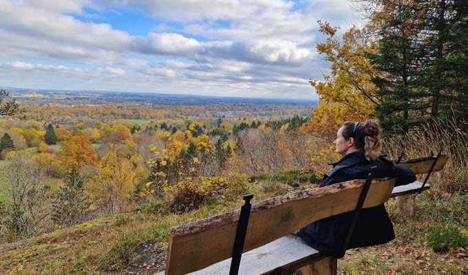 En kvinna sitter på en träbänk vid en bergskanten och njuter av en höstfärgad utsikt. 