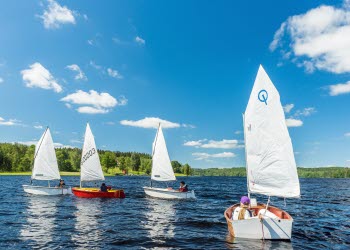 Fyra segelbåtar flyter runt på en klarblå sjö, himlen är blå och i bakgrunden skymtar man grön skog. 