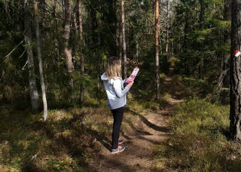 Person som står vid en stig och tittar på HittaUt-kartan.