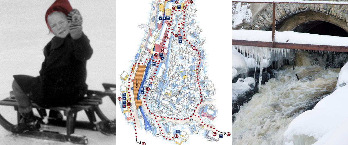 Kollage med äldre bilder samt karta över Jul i Kvarnbyn-området.