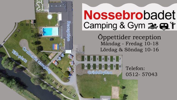 En flygbild och text där det står "Nossebrobadet" och öppettiderna.