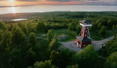 Drone picture over Kinnekulle observatory tower and lake Vänern