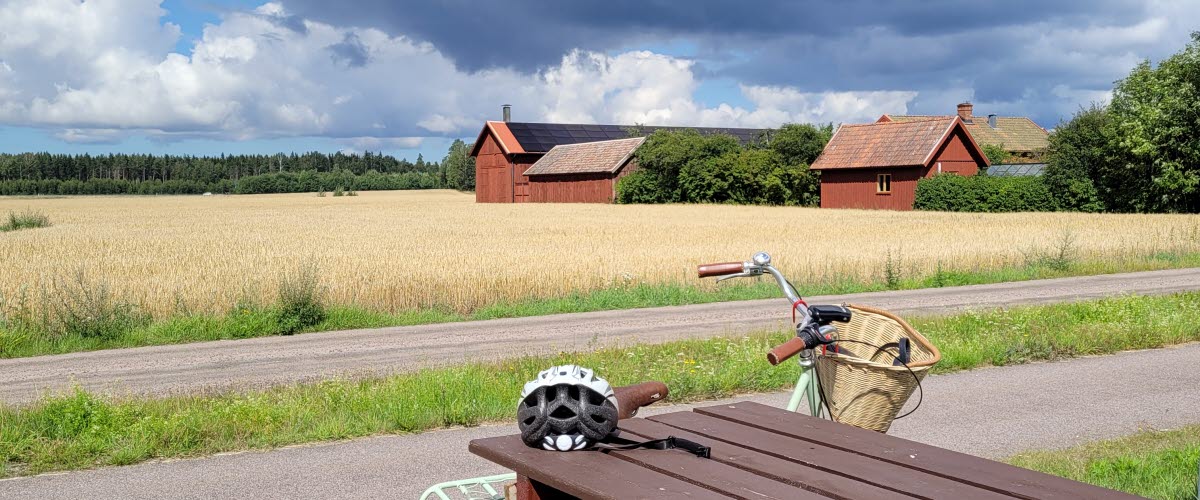 En cykel står lutad mot ett picknickbord. I bakgrunden syns en gård med röda ladugårdar.
