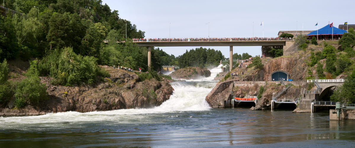 View of the Trollhättan Waterfalls and the Oscar's Bridge