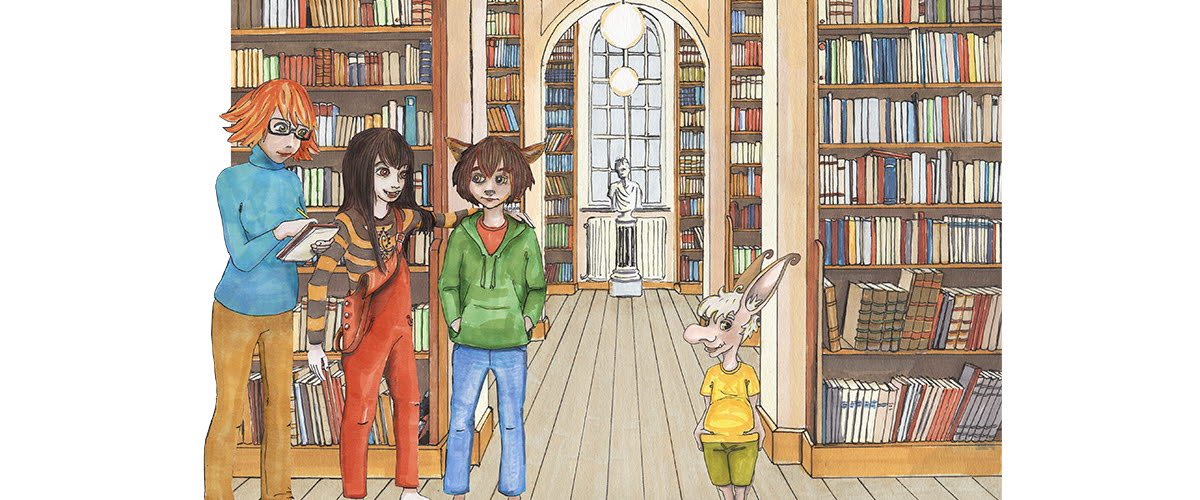 En illustrerad bild av tre ungdomar som står i det gamla biblioteket i Skara