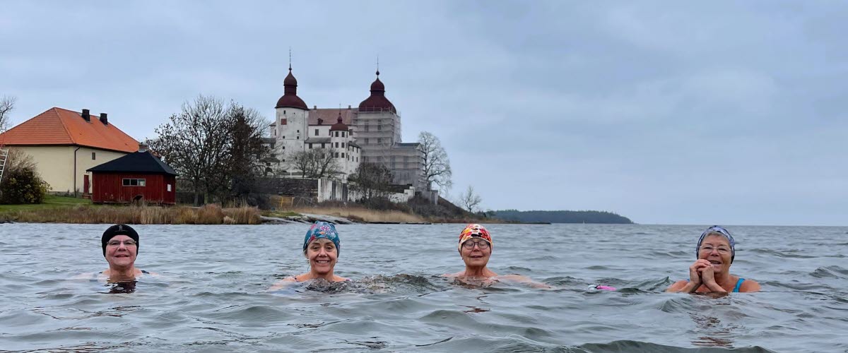 Fyra glada kvinnor som vinterbadar vid Läckö Slott. I bakgrunden skymtar slottet.