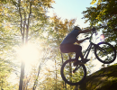 Person on a mountain bike cycling along forest terrain