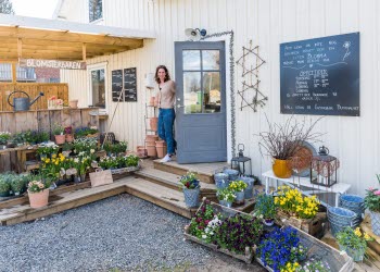 En bild på entrén in till en liten butik. På trappan står mänger av blommor och arrangemang.