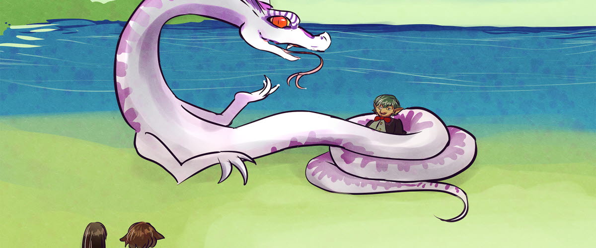 A purple snake has captured a figure in its grasp.