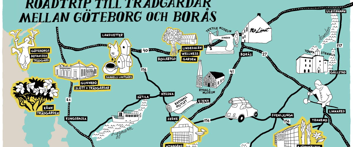 Illustrated map show a road trip to beautiful gardens in West Sweden.