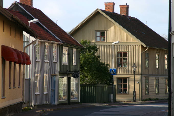 Trähus i de äldre kvarteren i Hjo