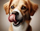 An illustrative image of a dog licking its mouth.