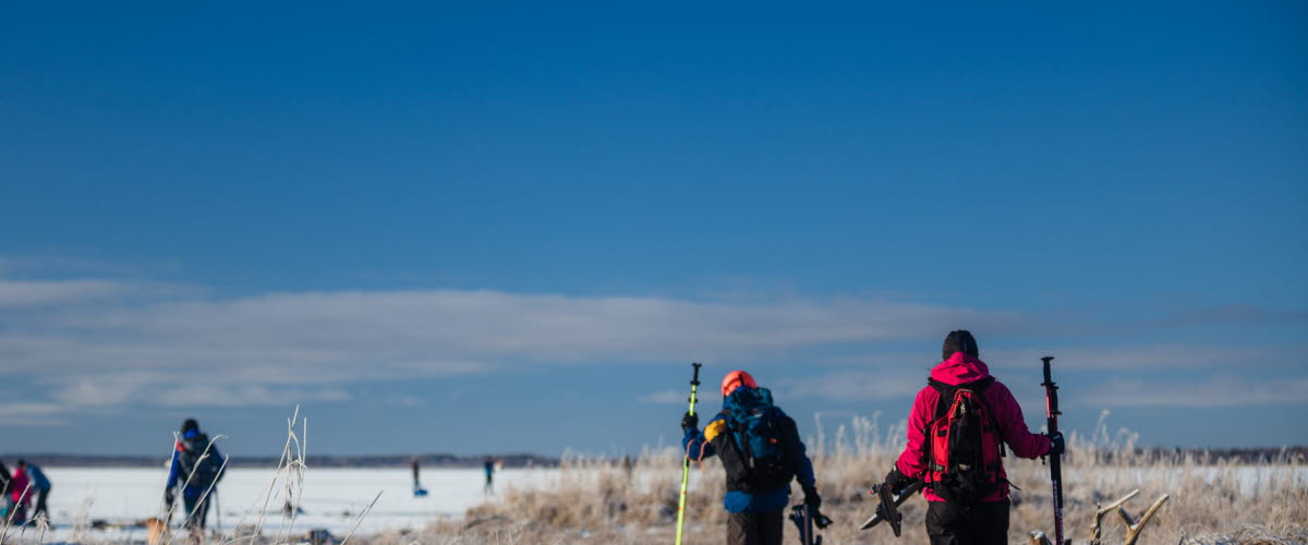 Två personer på väg ut till isen för att åka långfärdsskridskor. Blå himmel.