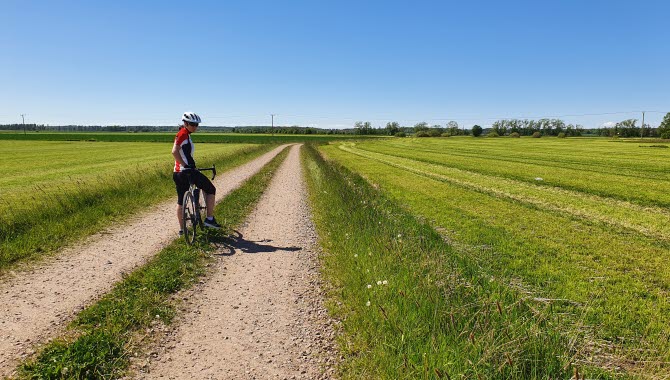 En cyklist som cyklar på grusväg genom öppna fält en solig dag.