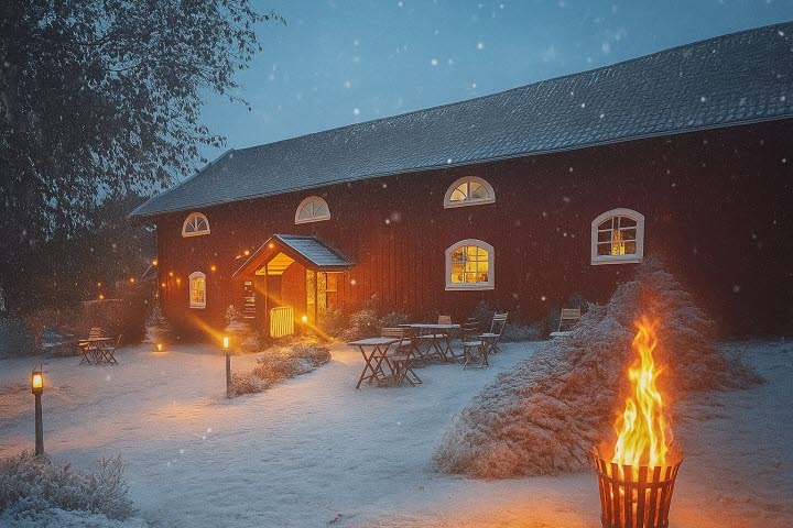 Bilden visar Dahlbogårdens vackra restaurang i vinterväder.