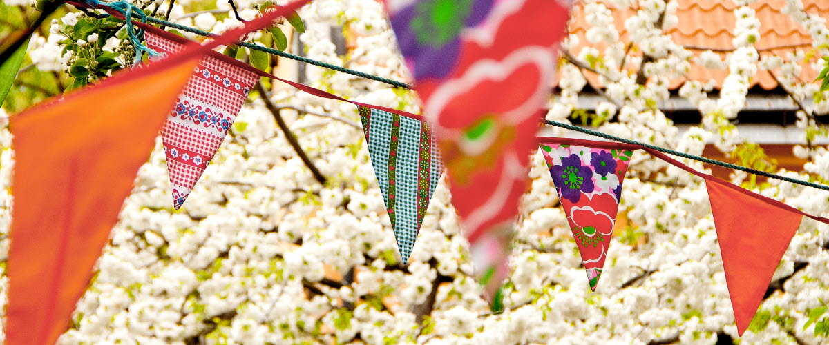 Flaggor hänger utomhus i olika färger från träd till träd. I bakgrunden finns ett vitt blommade träd.